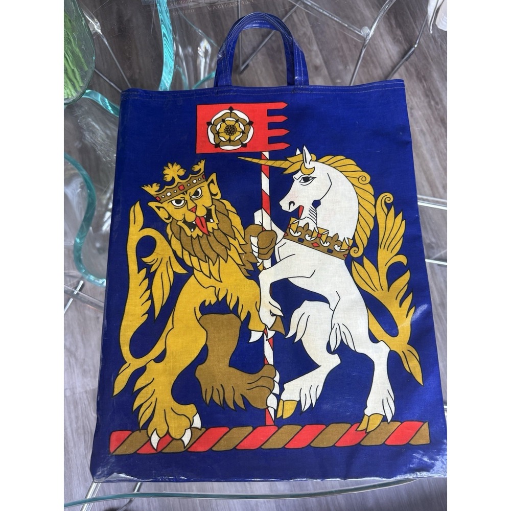 Rare Vintage Ulster Weavers Lion Unicorn PVC Tote Bag UK British‎ Heraldic Crest